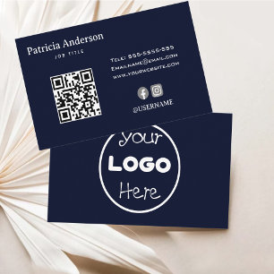 Carte De Visite Navy Blue Elegant Minimaliste Company Logo QR Code