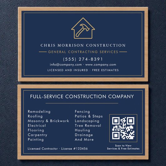 Carte De Visite Navy Blue General Contractor QR Code Wood 