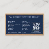 Carte De Visite Navy Blue General Contractor QR Code Wood  (Dos)