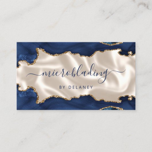 Carte De Visite Navy Blue Gold Agate Ivory Luxury Microblading (Devant)