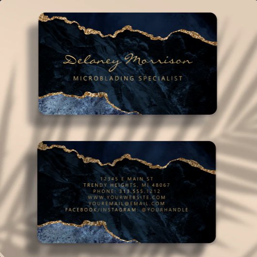 Carte De Visite Navy Blue Gold Agate Microblading Rounded