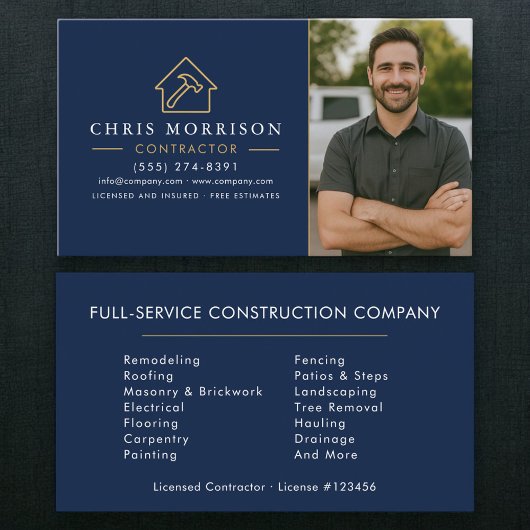 Carte De Visite Navy Blue Gold Photo Building Construction