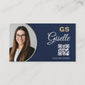 Carte De Visite Navy Blue Gold Photo Realtor QR Code Linen (Devant)