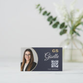 Carte De Visite Navy Blue Gold Photo Realtor QR Code Slate Stone (Debout devant)