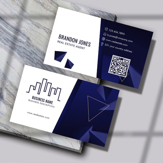Carte De Visite Navy Blue House Logo, Real Estate Agent, QR Code