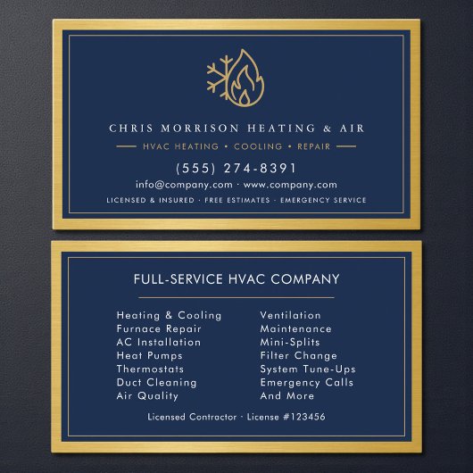Carte De Visite Navy Blue HVAC Company QR Code Gold Metallic