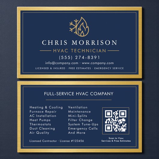 Carte De Visite Navy Blue HVAC Contractor QR Code Gold Metallic
