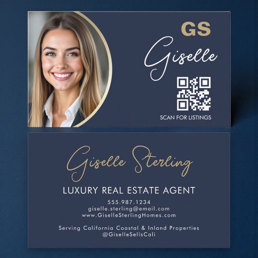 Carte De Visite Navy Blue Luxury Real Estate Agent QR Code Photo