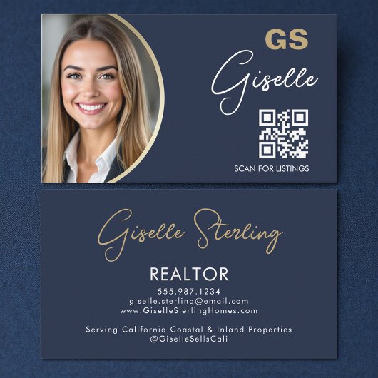 Carte De Visite Navy Blue Luxury Realtor QR Code Photo