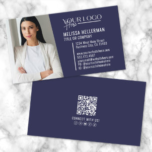 Carte De Visite Navy Blue Modern Professional QR Code Photo Logo