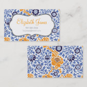 Carte De Visite Navy Blue & Orange Retro Floral Damask (Devant / Derrière)