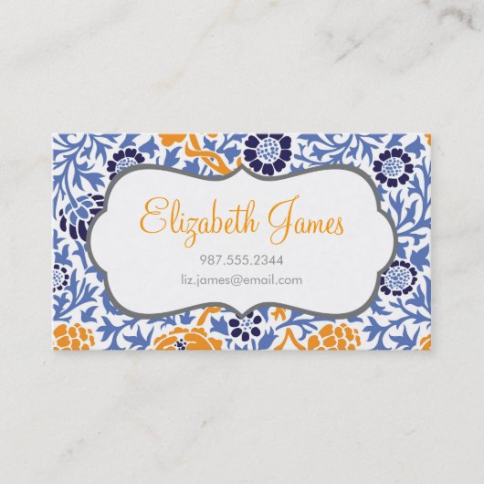 Carte De Visite Navy Blue & Orange Retro Floral Damask (Devant)