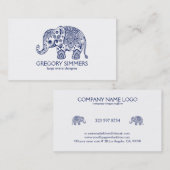 Carte De Visite Navy Blue Paisley Elephant Illustration (Devant / Derrière)