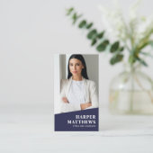Carte De Visite Navy Blue Photo QR Code Vertical (Debout devant)