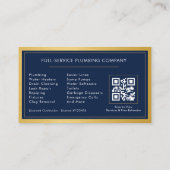 Carte De Visite Navy Blue Plumbing Company QR Code Gold Metallic (Dos)