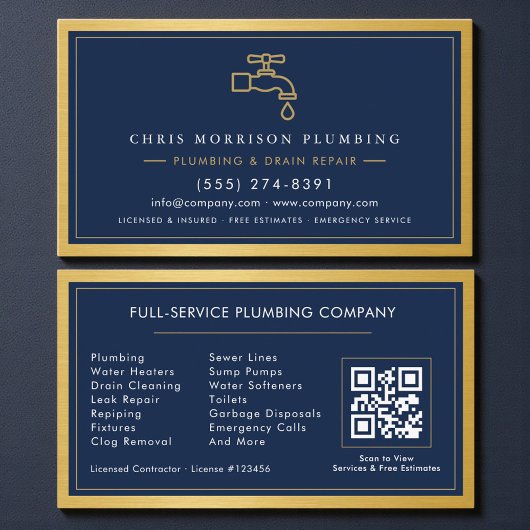 Carte De Visite Navy Blue Plumbing Company QR Code Gold Metallic