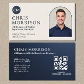 Carte De Visite Navy Blue Professional QR Code Photo Metallic