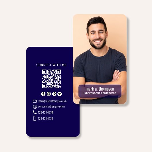 Carte De Visite Navy Blue QR Code Photo Connect Modern
