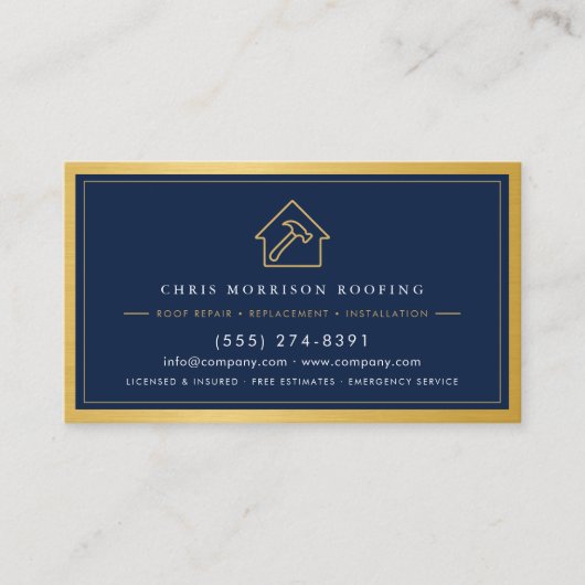 Carte De Visite Navy Blue Roofing Construction Services Metallic (Devant)