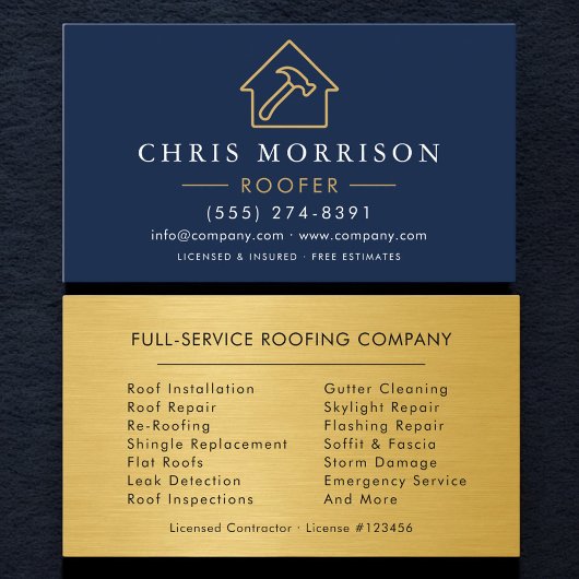 Carte De Visite Navy Blue Roofing Professional Gold Metallic