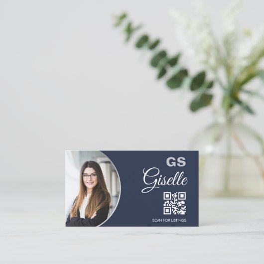 Carte De Visite Navy Blue Silver Photo Monogram Realtor QR Code (Debout devant)