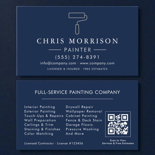 Carte de visite Navy Blue Silver QR Code pour pein