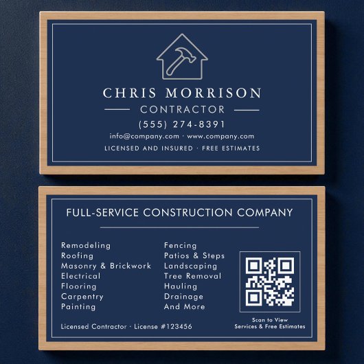 Carte de visite Navy Blue Silver Wood QR Code pour