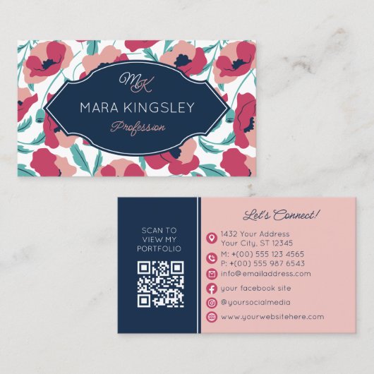 Carte De Visite Navy Pink Modern Poppy Pattern Monogram (Devant / Derrière)