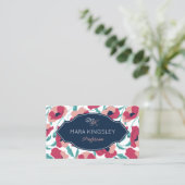 Carte De Visite Navy Pink Modern Poppy Pattern Monogram (Debout devant)