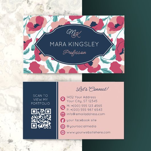Carte De Visite Navy Pink Modern Poppy Pattern Monogram