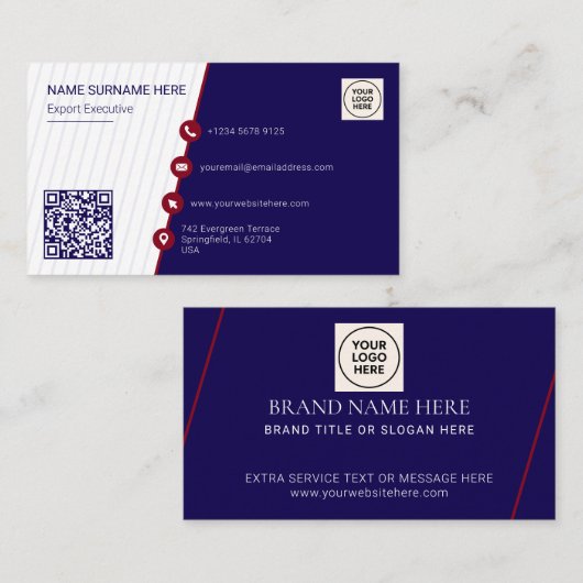 Carte De Visite Navy Simple Formel Code QR Professionnel Moderne (Devant / Derrière)