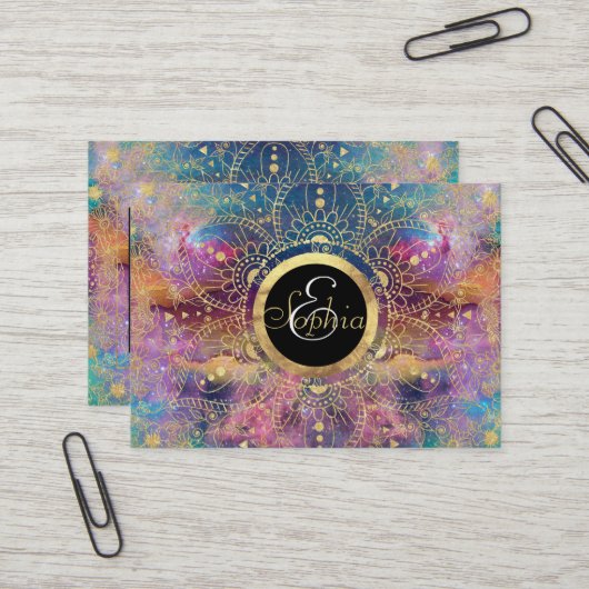 Carte De Visite Nebula couleur or Mandala Aquarelle colorée (Devant/Arrière en situation)
