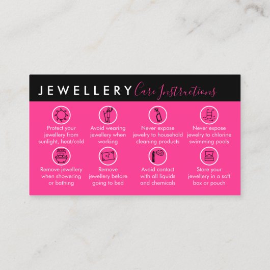 Carte De Visite Neon Pink Jewelry Instructions pour les soins post (Dos)
