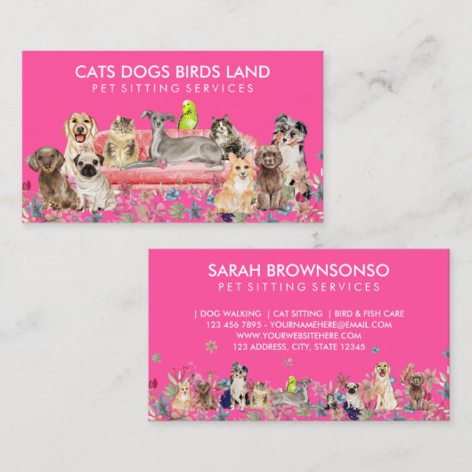 Carte De Visite Neon Rose Chien Chat Bird Hotel Sofa Animaux assis (Devant / Derrière)