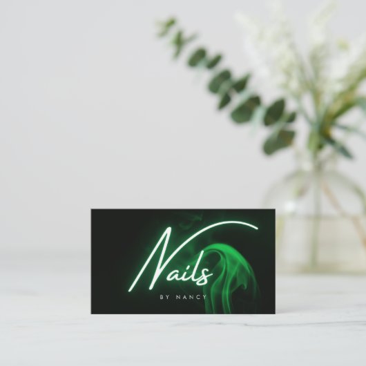 Carte De Visite Neon Vert & Fumée Nails / Nail Tech Script (Debout devant)