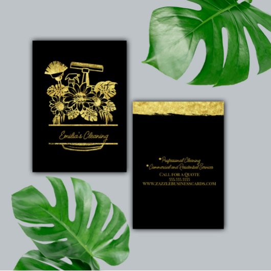 Carte De Visite Nettoyage Faux Or Logo Script Floral