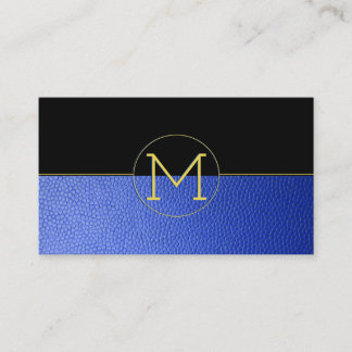 Carte De Visite Nettoyer Élégant Monogramme Bleu Faux Cuir et Noir