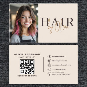 Carte De Visite Neutral Beige Hair Stylist Photo QR Code 
