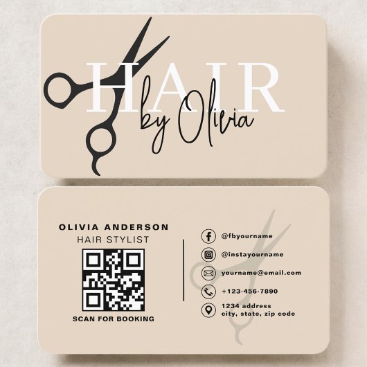 Carte De Visite Neutral Beige Hair Stylist Scissors QR Code