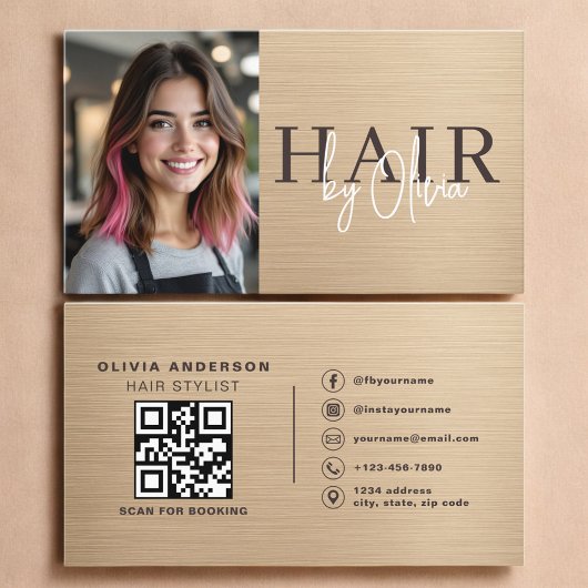 Carte De Visite Neutral Beige Metallic Hair Stylist Photo QR Code