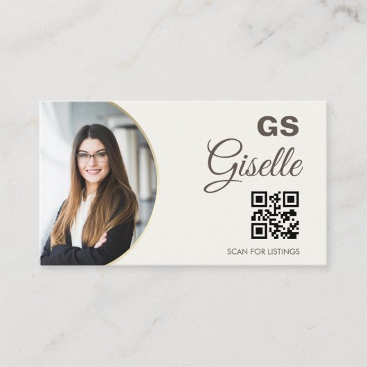 Carte De Visite Neutral Beige Photo Monogram Realtor QR Code (Devant)