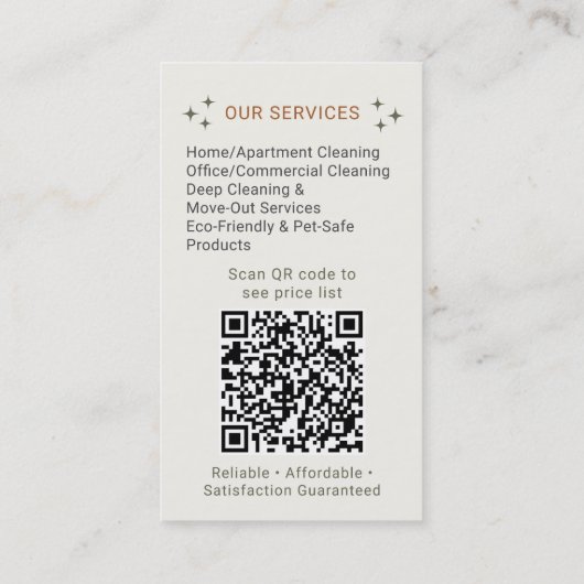 Carte De Visite neutral Boho Cleaning Service Maid QR Code (Dos)