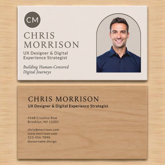 Carte De Visite Neutral Wood Photo Monogram Professional 