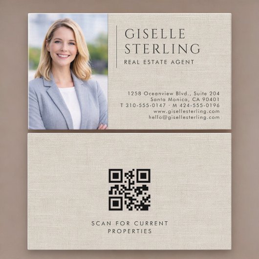 Carte de visite neutre en lin avec QR code photo p