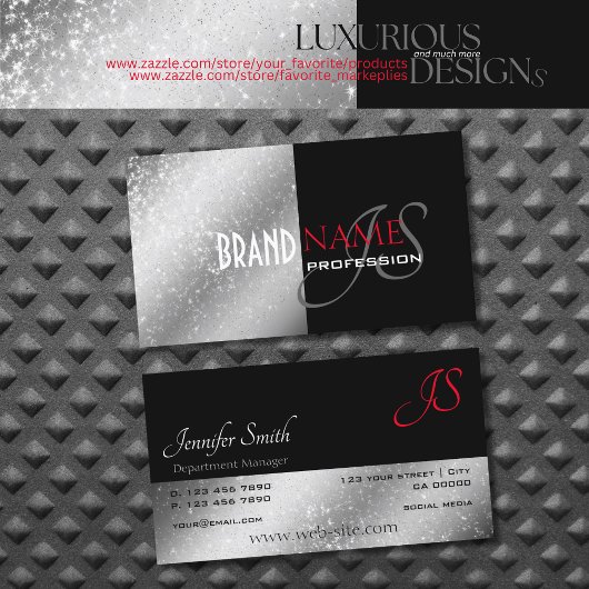 Carte De Visite Noble Black Red Silver Glittery Étoiles et initial