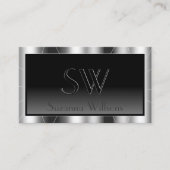 Carte De Visite Noble cadre d'argent noir Gradient avec Monogramme (Devant)