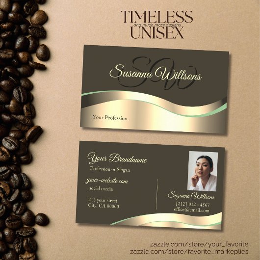 Carte De Visite Noble foncé Brown Wavy Gold Décor Initiales Photo