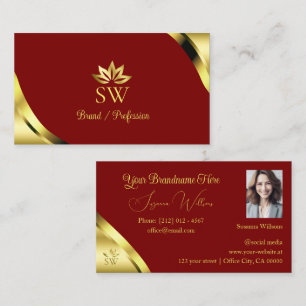 Carte De Visite Noble Gold Corners sur Rouge avec Photo Monogramme