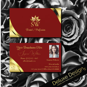 Carte De Visite Noble Gold Corners sur Rouge avec Photo Monogramme