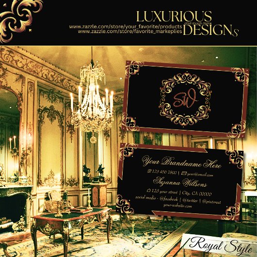 Carte De Visite Noble Noir Brown Or avec Monogramme Impressionnant